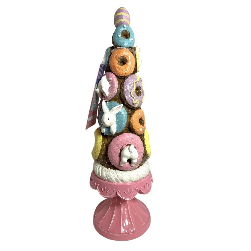 Sweet Treats Bunny Donut Topiary Figurine Pastel Bunny Pedestal Cottage Decor NT